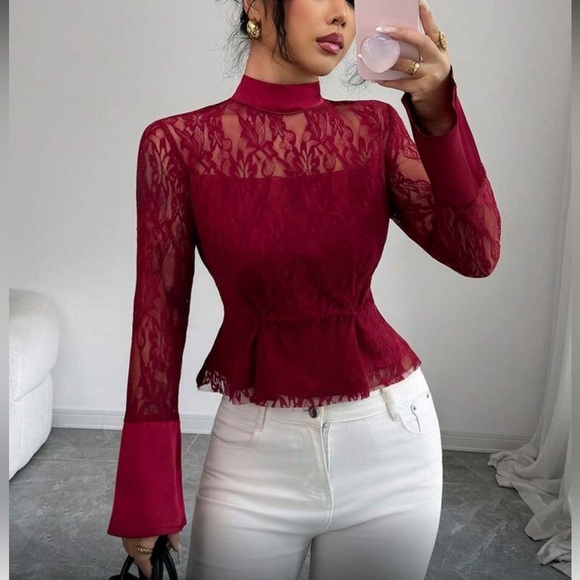 Luxe Burgundy Lave Bell Sleeve Tie Neck Blouse - Picture 7 of 7